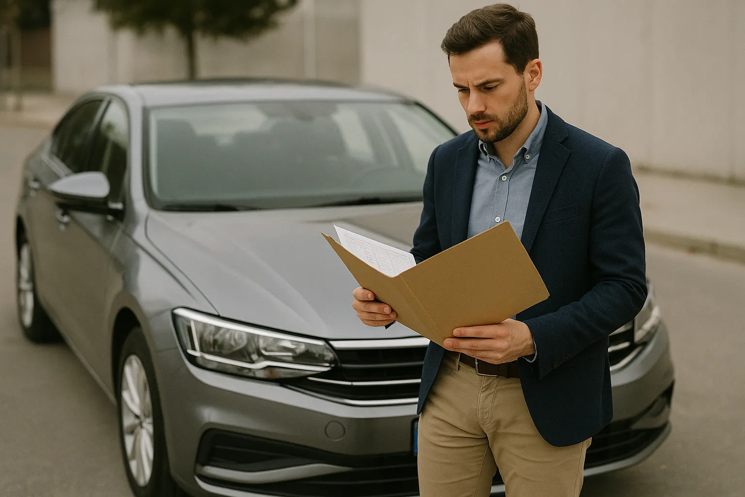 Propietario revisando la documentación de un coche importado antes de la inspección previa a la matriculación en el centro ITV Móstoles Tecnológico
